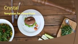  Presentation with celery - Beautiful slide deck featuring appetizing burger on plate with fresh salad celery and ruccola near backdrop and a tawny brown colored foreground