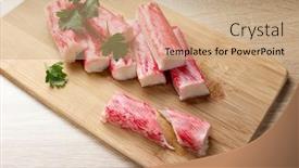  Presentation with wooden stick - Presentation featuring appetizing-crab-sticks-on-wooden background and a coral colored foreground