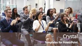  Presentation with audience - Beautiful PPT layouts featuring applaud - audience applauding speaker after conference backdrop and a violet colored foreground