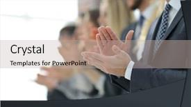  Presentation with team - Slide deck featuring applaud - blurred image of business team background and a mint green colored foreground