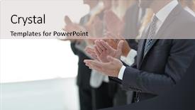  Presentation with team - Presentation design featuring applaud - blurred image of business team background and a light gray colored foreground