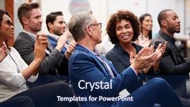  Presentation with conference - Presentation theme consisting of applaud - group of businessmen and businesswomen background and a navy blue colored foreground