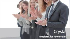  Presentation with understanding your business - Presentation theme featuring applaud - smiling business team applauding background and a dark gray colored foreground