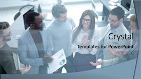  Presentation with team - Slide deck enhanced with applauds standing behind a glass background and a  colored foreground