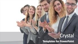  Presentation with team - Presentation design enhanced with applause - smiling business team applauding background and a dark gray colored foreground