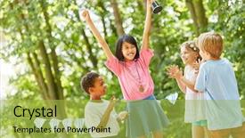  Presentation with successful - Audience pleasing theme consisting of applause winner - asian girl cheers with cup backdrop and a yellow colored foreground