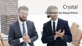  Presentation with five business people standing together and smiling - Cool new presentation theme with applause winner - business partners applauding standing backdrop and a light gray colored foreground