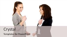  Presentation with cheerful - Slide deck enhanced with applause winner - two happy cheerful businesswomen making background and a  colored foreground