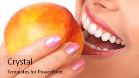  Presentation with flat peach tree - PPT layouts having apple bite - beautiful young woman eating background and a  colored foreground