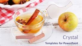  Presentation with cider - Colorful theme enhanced with apple cider with cinnamon sticks and fresh apples on wooden table on bright background backdrop and a sky blue colored foreground