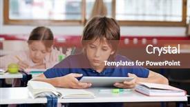  Presentation with using digital tablet - Colorful presentation enhanced with apple computer - elementary schoolboy using digital tablet backdrop and a coral colored foreground