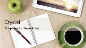  Presentation with cup coffee - Presentation theme with apple computer - tablet pc cup of coffee background and a  colored foreground