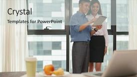  Presentation with hotel business - Audience pleasing PPT theme consisting of apple corporate - business couple working together backdrop and a sky blue colored foreground