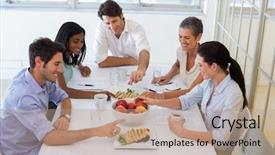  Presentation with office fruit - Presentation design consisting of apple corporate - business people eating sandwiches background and a  colored foreground