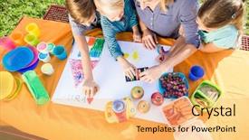  Presentation with lunch - Colorful presentation design enhanced with apple crayons - schoolgirls and schoolboys painting backdrop and a  colored foreground