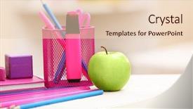  Presentation with school apple - Cool new PPT theme with apple crayons - stationery set for school backdrop and a lemonade colored foreground