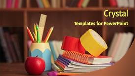  Presentation with school apple - Beautiful PPT theme featuring apple crayons - stationery set for school backdrop and a tawny brown colored foreground