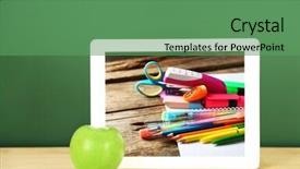  Presentation with tablet - Beautiful PPT theme featuring apple crayons - tablet with stationery wallpaper backdrop and a ocean colored foreground