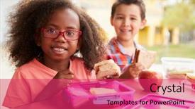  Presentation with school kids - Cool new PPT theme with apple day - two young school kids eating backdrop and a red colored foreground