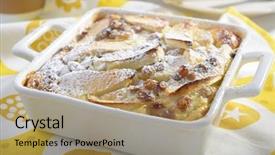  Presentation with powdered - Beautiful PPT theme featuring apple flognarde with raisins and powdered sugar in a baking dish backdrop and a coral colored foreground