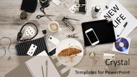  Presentation with office - Cool new PPT theme with apple iwatch - manager business tabletop with office backdrop and a coral colored foreground