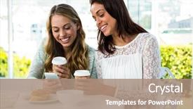  Presentation with conference phone calls - Colorful presentation design enhanced with apple iwatch - two girls use a phone backdrop and a coral colored foreground