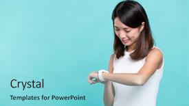  Presentation with smart - Beautiful PPT theme featuring apple iwatch - woman use of smart watch backdrop and a light blue colored foreground