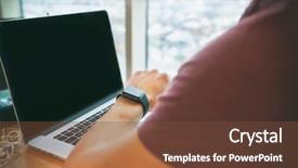  Presentation with laptop - Cool new slide deck with apple iwatch - young man sitting backdrop and a  colored foreground