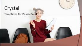  Presentation with interview - PPT layouts consisting of apple iwatch - young woman waiting for interview background and a  colored foreground