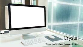  Presentation with mac - Presentation theme consisting of apple mac - computer on table in office background and a light blue colored foreground