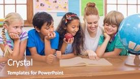  Presentation with school apple - Amazing presentation theme having apple maps - cute pupils and teacher smiling backdrop and a coral colored foreground