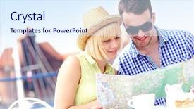  Presentation with england map - Slide set enhanced with apple maps - picture of young tourists sitting background and a sky blue colored foreground