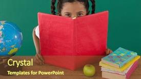  Presentation with book - Colorful presentation design enhanced with apple maps - portrait of schoolgirl hiding behind backdrop and a  colored foreground