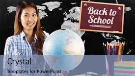  Presentation with globe - Cool new presentation theme with apple maps - smiling asian woman holding backdrop and a light blue colored foreground