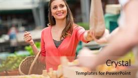  Presentation with paper bag - PPT theme with apple pay - portrait smile woman takes paper background and a coral colored foreground