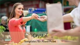  Presentation with market food - Beautiful PPT theme featuring apple pay - woman with money buying food backdrop and a coral colored foreground