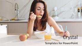  Presentation with flakes cereal - Presentation theme with apple study - casual young woman eating corn background and a soft green colored foreground