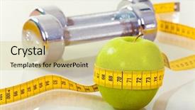  Presentation with green apple - PPT theme featuring photo of green apple tied with measuring tape on the background of metallic dumbbells background and a yellow colored foreground