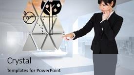  Presentation with bright white - Audience pleasing slide set consisting of apple tree falling apples - thoughtful businesswoman pointing against bright backdrop and a  colored foreground