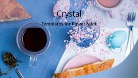  Presentation with apple trees are blooming pink - PPT theme featuring apple turnovers served with tea background and a teal colored foreground