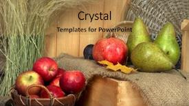  Presentation with fruits - Colorful slide set enhanced with apples in basket and fruits on crate on sackcloth on wooden background backdrop and a gold colored foreground