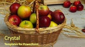  Presentation with straw - Audience pleasing theme consisting of apples in basket with straw on wooden background backdrop and a tawny brown colored foreground