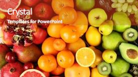  Presentation with fruits - Theme consisting of apples oranges - assortment of exotic fruits close-up background and a crimson colored foreground