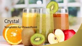  Presentation with juices - Beautiful slide deck featuring apples oranges - fresh fruit juices on wooden backdrop and a  colored foreground
