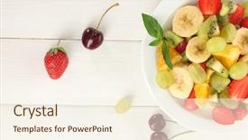  Presentation with white plate - Colorful slide deck enhanced with apples oranges - fresh fruits salad on plate backdrop and a cream colored foreground