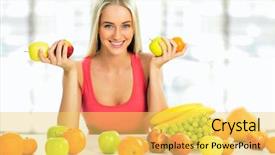  Presentation with fruits - Amazing slide set having apples oranges - smiling pretty woman with fruits backdrop and a yellow colored foreground