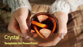  Presentation with blonde holding magnifying glass - PPT layouts enhanced with apples oranges - woman holding glass cup background and a tawny brown colored foreground