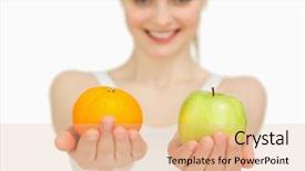  Presentation with guava fruits fresh green fruit - PPT theme featuring apples oranges - young woman presenting fruits while background and a lemonade colored foreground