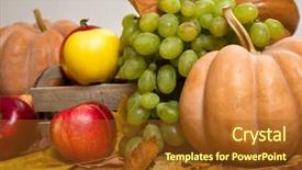  Presentation with fresh fruits vegetables groceries paper - Presentation design enhanced with apples pumpkins - fruits and vegetables on autumn background and a  colored foreground