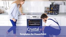 Presentation with kitchen appliance - Presentation enhanced with appliance - housewife with worker near oven background and a ocean colored foreground